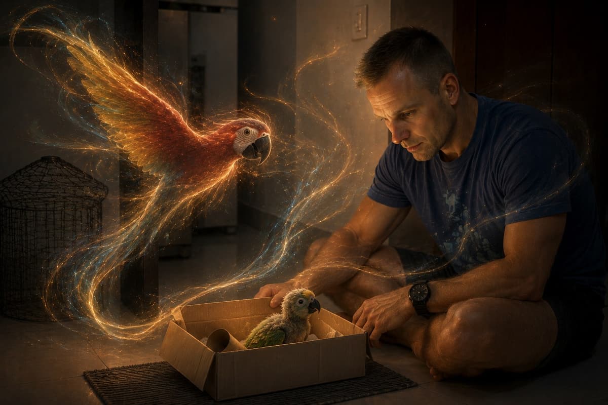 Alejandro, sentado en el piso, abre una caja de cartón donde espera un polluelo de loro verde. De la caja sale, hecho de luz, un guacamayo enorme con las alas abiertas. Al fondo, una jaula vacía.
