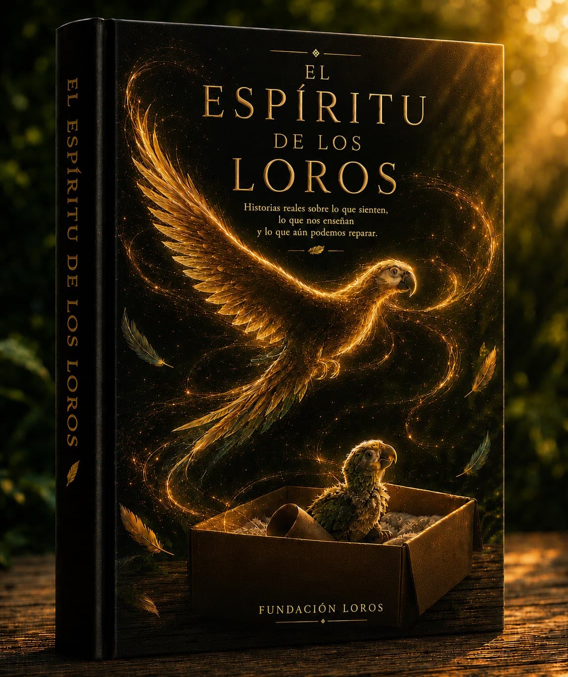 Tapa del libro El espíritu de los loros: un loro de luz dorada alzando el vuelo sobre una caja de cartón donde espera un polluelo verde.